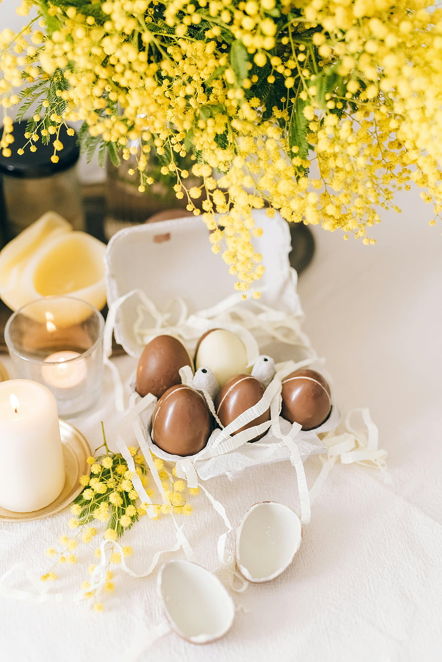 aster, chocolate eggs, mimosa flowers, candles, table, still life, brown eggs, carton, flowers, stylish, Easter decoration