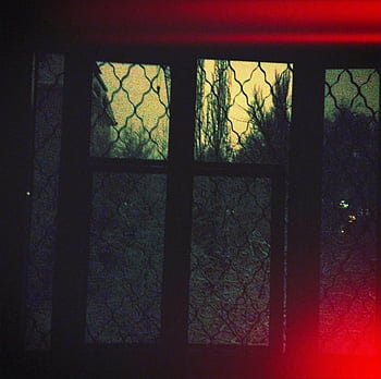 window in blur, lattice-patterned window, red light effect, spooky atmosphere, dark view, mysterious scene, night photography, eerie window, red glow, blurred window, spooky window