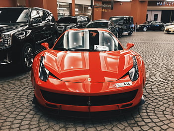 červené ferrari, sportovní auto, Dubaj Mall, Spojené arabské emiráty, luxus, elegance, ferrari 458, špičkové vozidlo, Přehlídka automobilu, automobilového designu, červené sportovní auto
