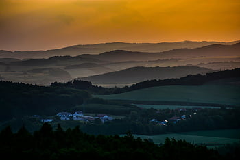 town, twilight, valley, mountains, panorama, nature, forests, sunset, dusk, landscape