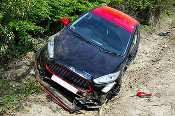 car crash, dirt road, damaged car, Welwyn Garden City, UK, accident, vehicle damage, rural accident, crash site, road accident, outdoor crash