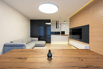moderne Wohnung, stilvolles Design, bequeme Möbel, Geräumiges Wohnzimmer, offene Küche, elegantes Design, Zeitgenössisches Interieur, Holztisch, minimalistisches Dekor, Wohnraum