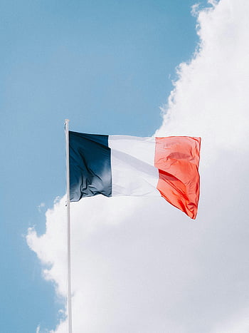French flag, clouds, blue sky, waving flag, France, tricolor, outdoor, flagpole, wind, vibrant sky, national symbol