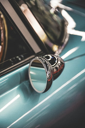 Chromové boční zrcadlo, Historické auto, klasické auto, retro auto, tyrkysový, lesklý povrch, odraz, zblízka fotografie, automobilového průmyslu, luxus, lesknout se