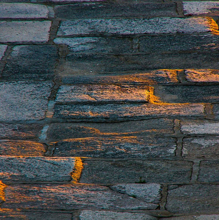 kamenná zeď, poslední světlo, den, textura, cihly, slunečního světla, stíny, večer, architektura, městský, detail