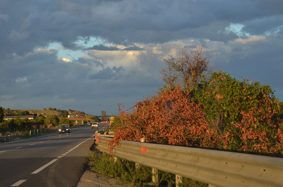 storm, after storm, SS417, highway, road, cars, trees, cloudy sky, autumn leaves, guardrail, landscape