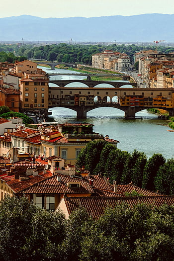 ponte vecchio, florence, Itálie, řeka arno, letecký pohled, Kultovní architektura, historický most, panoráma města, Evropské památky, cíl cesty, pohled