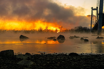 morning, city, river, landscape, frost, cold, fog, nature, bridge, sunrise, twilight