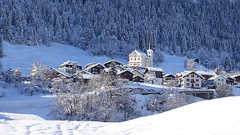 mountain Village, buildings, snow, nature, cold, wintry, winter, houses, trees, village, town