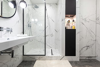 contemporary bathroom, marble walls, glass shower, stylish fixtures, elegant bathroom, washstand, home interior, modern bathroom, marble tiles, bathroom design, shower cabin