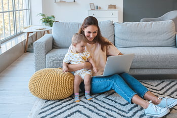 mom baby laptop, baby, business, child, computer, female, freelance, home, indoors, internet, laptop