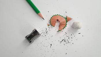 green pencil, close-up, sharpener, eraser, white surface, creativity, pencil shavings, green pencil shavings, writing tools, stationery items