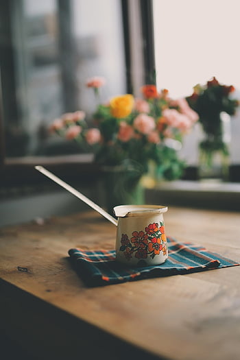 cup, blanket, table, plaid Blanket, floral Design, display, decor