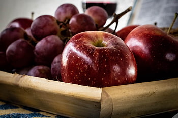 manzanas, uva, fruta, producir, comida, rojo, morado, madera