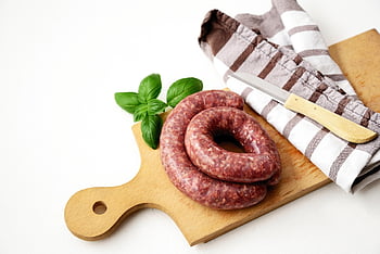 mettwurst, sausage, raw, meat, bratwurst, minced Pork, pork, food, german Sausage, knife, chopping Board
