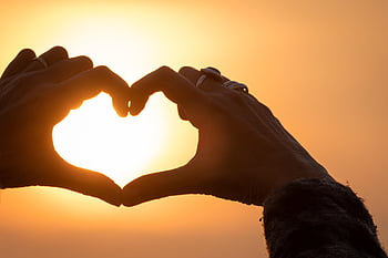 cuore, sole, mani, tramonto, estate, amore, simbolo, romantico, romanza, personaggio, donna