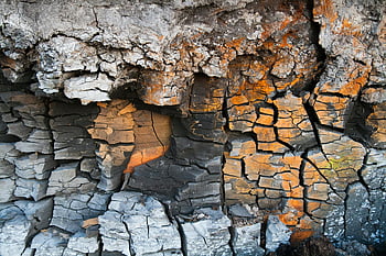popraskané kamenné zdi, Ventimpils Lotyšsko, prasklá pozemská textura, Oranžové vzory, šedé vzory, Podrobný detail, přírodní textury, geologické formace, skalní útvary, Praskliny Země, Kamenné trhliny