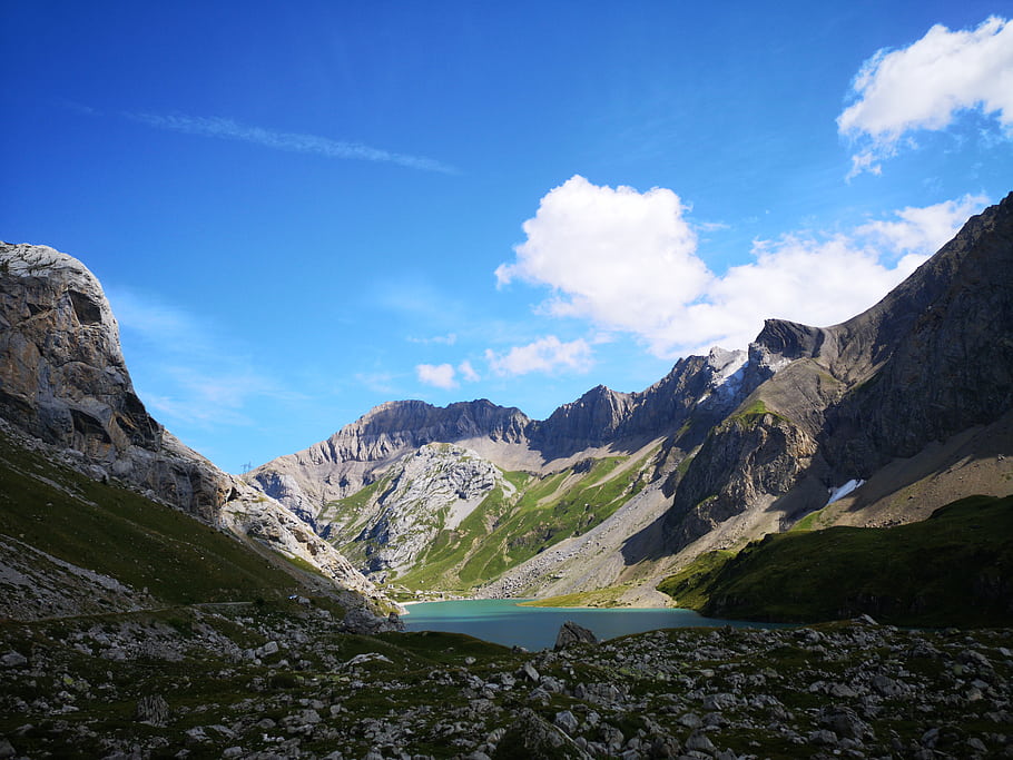 Col du Sanatsch, Switzerland, mountains, lake, valley, blue sky, clouds, green grass, rocky terrain, natural landscape, alpine scenery
