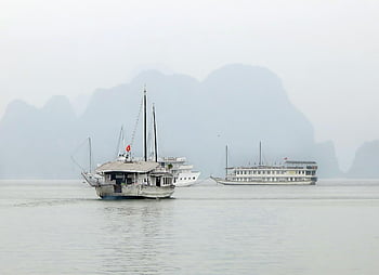 záliv, lodí, Příroda, mlha, moře, oceán, voda, plachtění, venkov, záliv Halong, Vietnam