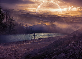 person, walking, mountains, mist, trees, nature, lake, way, moon, sunset, surreal