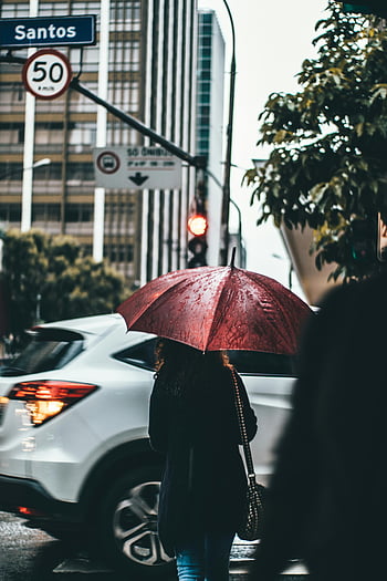 žena s deštníkem, deštivé město, bílá suv, křižovatka města, deštivý den, městské scény, červený deštník, chůze v dešti, Semafor, pouliční značky, mokré dlažby