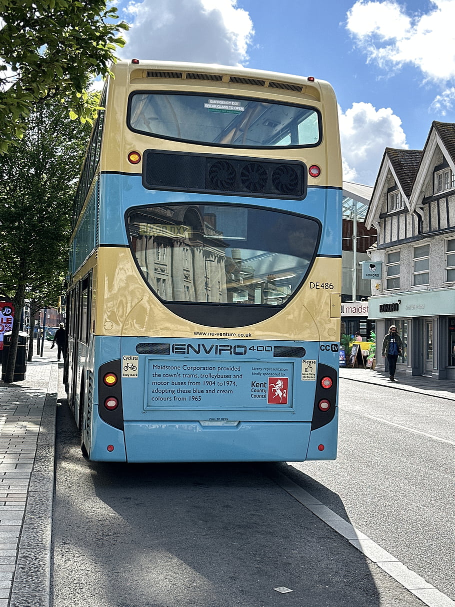 bus, double-decker, Nu-Venture, Route 79, Allington, Tonbridge Road, Queens Road, Enviro 400, Maidstone Corporation, blue and cream, street scene
