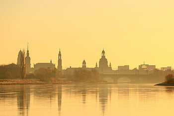 morning, dawn, landscape, sunrise, nature, reflection, city, dresden