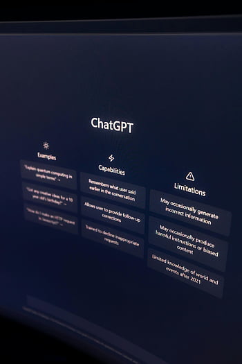 Chatgpt, текст на екрана, Изображение с висока разделителна способност, чат интерфейс, AI възможности, Ограничения на изкуствения интелект, Разговорен AI, Езиков модел, Монитор на компютър, цифров дисплей, технологичен интерфейс
