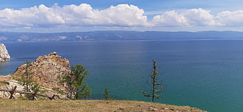 lago, stagno, colline, case, erba, pascolo, sentieri, Olkhon, isola, baikal, paesaggio