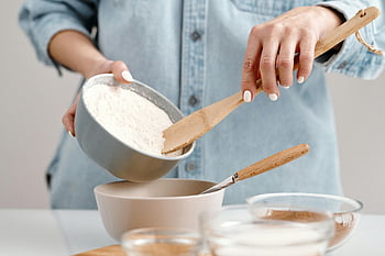 baking, flour, bowl, kitchen, hands, preparation, wooden spoon, ingredients, cooking, recipe, mixing