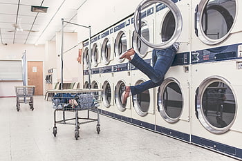 binatu, Washer pakaian pemuat depan putih, pengering, orang dalam pengering, Kecelakaan sehari -hari, Keranjang binatu, Adegan dalam ruangan, Adegan lucu, ruang cuci baju, peralatan putih, keranjang cucian