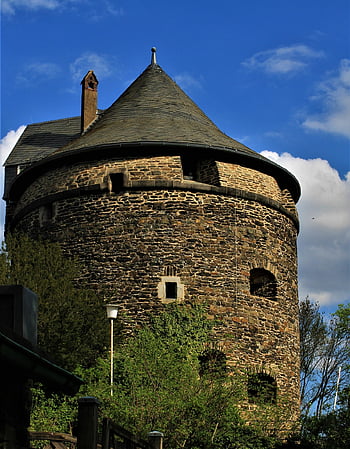 věž, kulatá věž, hrad, zdivo, fasáda, nebe, mraky, historický, budova, obranná věž, architektura