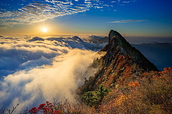 montagna, vertice, Alba, sole, luce del sole, mattina, picco, nube, mare di nuvole, paesaggio, natura