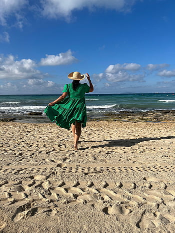 woman, beach, green Dress, coneflower, mallorca, island, vacations, sea, water, sand, nature