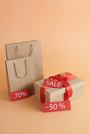 brown paper bags, cardboard box, sale sign, discount tags, shopping bags, gift box, sales promotion, red ribbon, sale discount, 70 percent off, 50 percent off
