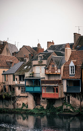 riverside houses, French village, medieval houses, picturesque houses, reflecting water, riverside architecture, French riverside, village charm, medieval charm, riverside reflection, French medieval houses