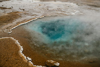 varm kilde, klart blå vand, geotermisk varm kilde, island, Tranquil farvande, jordnært terræn, naturskøn udsigt, geotermisk pool, naturlig varm kilde, blå vand, damp stiger