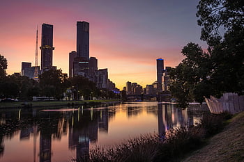 skyline di Melbourne, fiume Yarra, riflessione del tramonto, paesaggio urbano, grattacieli, vista sul lungomare, scenario serale, Melbourne, Australia, riflessi del fiume, Sunset City View