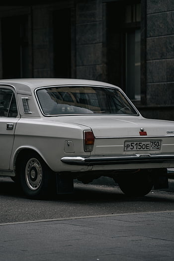 Historické auto, klasické auto, bílé auto, městské ulice, náladová atmosféra, zaparkované auto, budova, detail, Retro vozidlo, panoráma města, poznávací značka