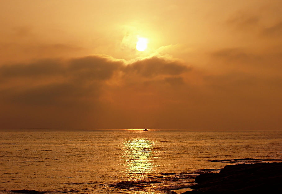 svítání, západ slunce, moře, Příroda, oceán, loď, krajina, amanecer, paisaje, costa