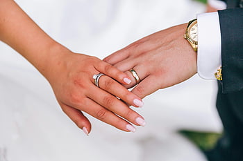 wedding bands, newlyweds, holding hands, wedding rings, manicured nails, elegant photo, couple, wedding, rings, bride and groom, wedding jewelry