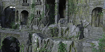 fantasy, mystical, castle, masonry, ruin, middle Ages, stone Stairway, bridge, archway, building