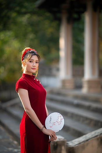 유행, Cheongsam, 여자, 손 부채, 베트남 사람, 아시아 사람, 빨간 치파오, 드레스, 아름다움, 아름다운, 예쁜