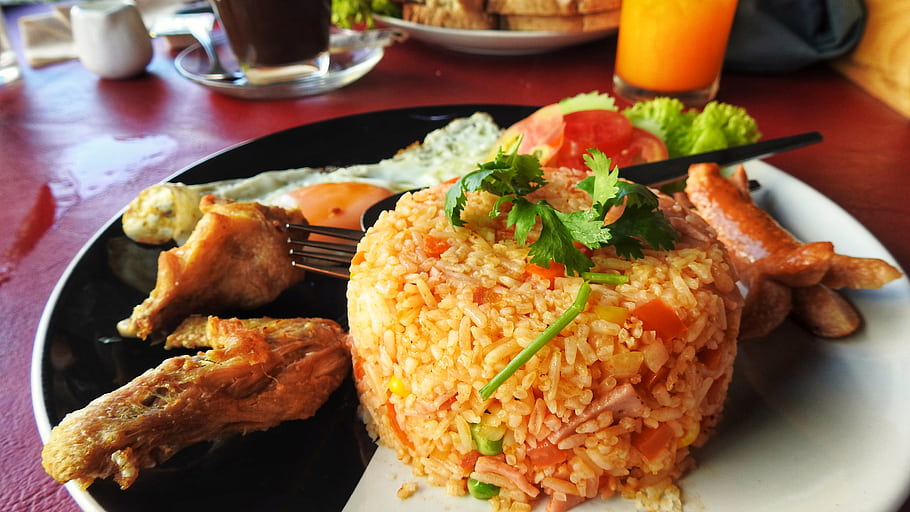 American fried rice, breakfast, Krabi, Thailand, plate, food, vegetables, eggs, sausage, orange juice, table