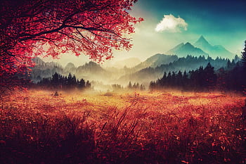 ai Generated, fantasy, pasture, autumn, nature, landscape, outdoors, woods