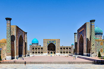 registan square, Samarkand, Usbekistan, lebendige Mosaike, Historische Monumente, Atemberaubende Architektur, Antiker Platz, blaue Kuppel, Minarette, Zentralasien, Reiseziel
