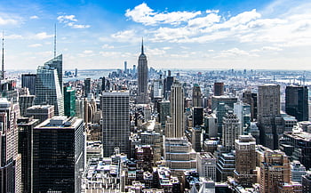 říše státní budovy, New York City, panoráma, letecký pohled, jasně modrá obloha, kultovní mezník, městské krajiny, panoráma města, mrakodrapy, Manhattan, New York