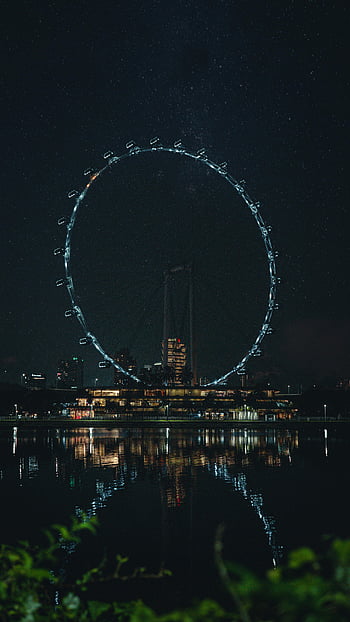 観覧車、 ロンドン、 夜、 照らされた、 青、 水の反射、 穏やかな、 夜間イメージ、 街並み、 星空、 都市のスカイライン
