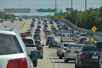 traffic jam, highway, dense traffic, urban expressway, congestion, vehicles, day, road, cars, trucks, signs