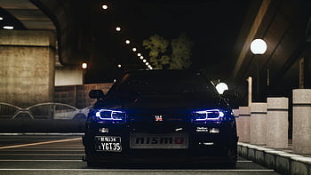 นิสสัน gt-r, รถสีน้ำเงิน, ที่จอดรถกลางคืน, ไฟหน้าเรืองแสง, streetlamps, มุมมองด้านหน้า, นิสสัน, GT-R, ฉากกลางคืน, รถถ่ายภาพ, คืนเมือง